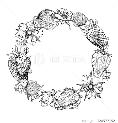 Strawberry berries full and cut in half, flowers leaves wreath, water splash, dew drops. Ripe garden pineberry strasberry. Isolated hand drawn vector ink circle frame. Food grocery menu, preserves Strawberry berries full and cut in half, flowers leaves wreath, water splash, dew drops. Ripe garden pineberry strasberry. Isolated hand drawn vector ink circle frame. Food grocery menu, preserves 128577152