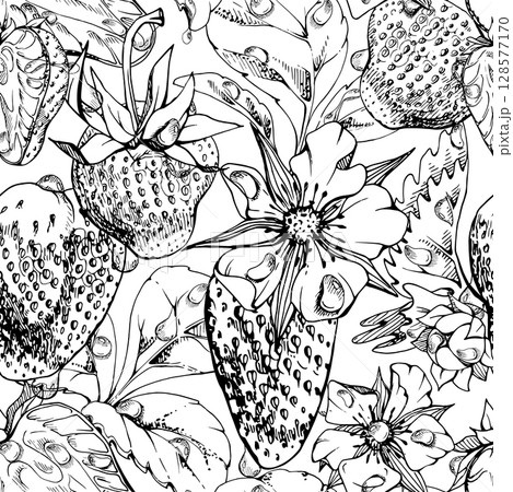 Strawberry berries leaves flowers in dew drops, ice cubes, water splash. Ripe summer garden forest strasberry hand drawn in vector ink. Isolated seamless pattern tile. Preserves packaging textile Strawberry berries leaves flowers in dew drops, ice cubes, water splash. Ripe summer garden forest strasberry hand drawn in vector ink. Isolated seamless pattern tile. Preserves packaging textile 128577170