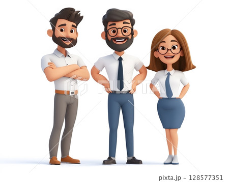 Happy coworkers cartoon-style 3D, professional clothing, together pose 128577351