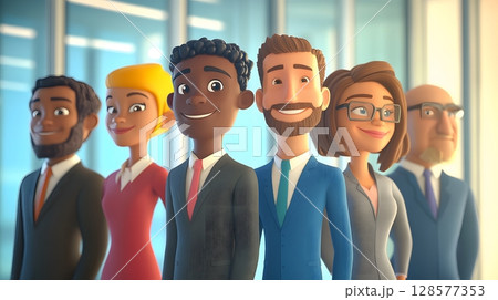 Corporate HR characters smiling in lineup, 3D cartoon design 128577353