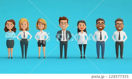 Corporate HR characters smiling in lineup, 3D cartoon design 128577355