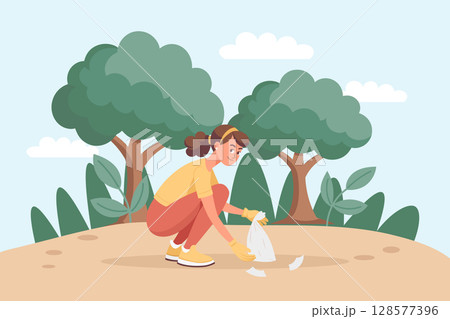 Volunteer collects trash in the park. Woman cleaning up garbage outdoor. Illustration. Volunteer collects trash in the park. Woman cleaning up garbage outdoor. Illustration. 128577396
