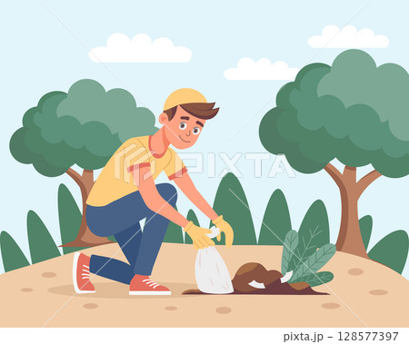 Volunteer man collects trash in the park. Man cleaning up garbage outdoor. Illustration. 128577397