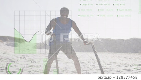Image of data processing over african american man exercising at beach 128577458