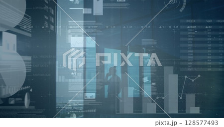 Image of data processing over caucasian businesswoman talking on smartphone in office 128577493