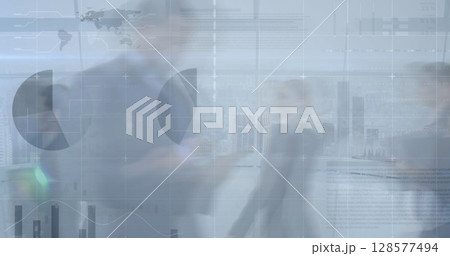 Image of financial data processing over business people walking 128577494
