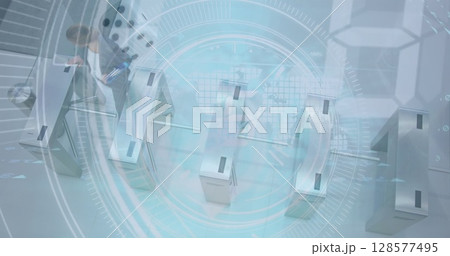 Image of data processing over diverse businesswomen walking in office 128577495