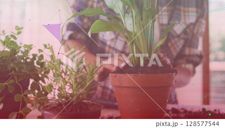 Image of shapes over biracial woman working in garden 128577544