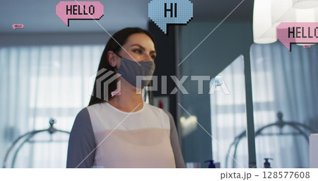 Image of hi texts over caucasian woman with face mask 128577608