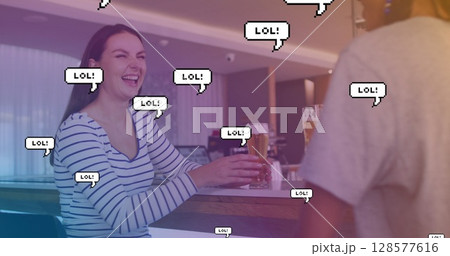 Image of lol text over happy diverse friends talking and drinking beer 128577616