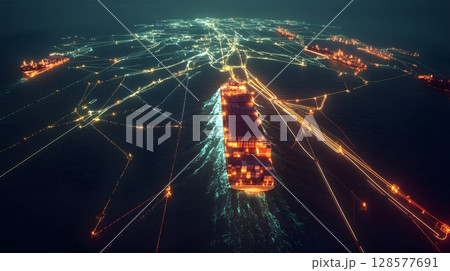 holographic globe showing real-time cargo ship status, 128577691