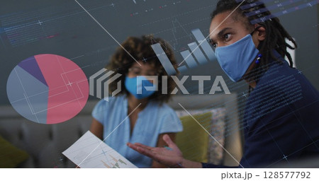 Image of data processing over biracial businessman with face mask 128577792