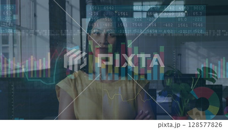 Image of financial data processing over biracial businesswoman 128577826