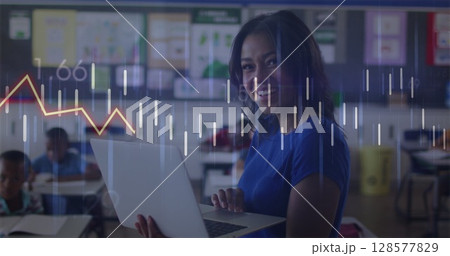 Image of financial data processing over biracial female teacher using laptop 128577829