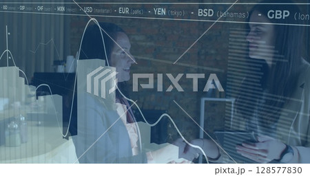 Image of financial data processing over diverse businesswomen using tablet 128577830