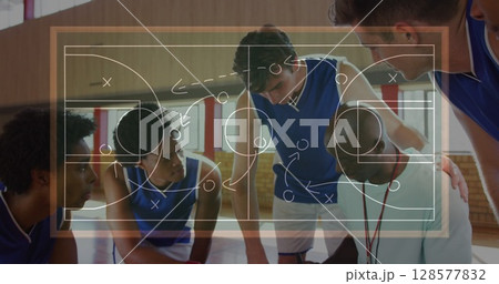 Image of basketball court with tactics drawing over diverse couch with basketball players 128577832