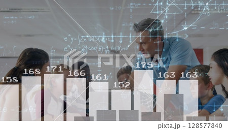 Image of statistics and mathematical equations over caucasian male teacher and school children 128577840