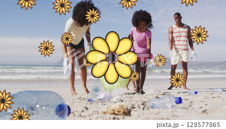 Image of flowers over african american female and male volunteers picking up rubbish on beach Image of flowers over african american female and male volunteers picking up rubbish on beach 128577865