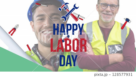 Image of happy labor day text over caucasian male workers and tools Image of happy labor day text over caucasian male workers and tools 128577931