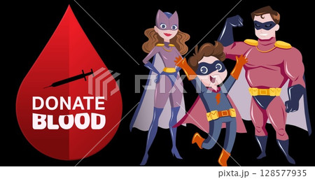 Image of donate blood text with blood drop and superheroes on black background 128577935