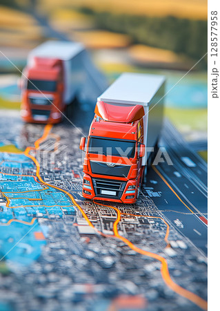 3D truck route planning map, vertical layout, 128577958