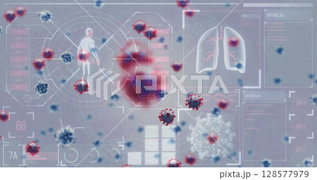 Image of virus cells and data processing on blue background 128577979