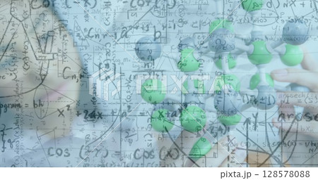 Image of mathematical equations over caucasian woman with models in classroom Image of mathematical equations over caucasian woman with models in classroom 128578088