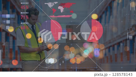 Image of graphs and financial data over caucasian male warehouse worker 128578143