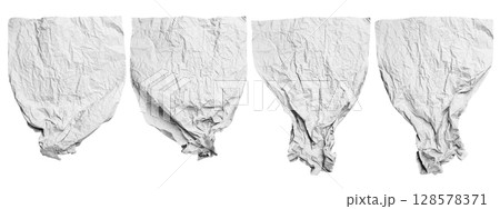 Crumpled sheet of white paper isolated on a white background. Creased and wrinkled paper surface. Copy space Crumpled sheet of white paper isolated on a white background. Creased and wrinkled paper surface. Copy space 128578371