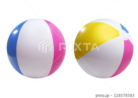 Colorful beach balls for summer fun and play isolated on a white background. Summer concept Colorful beach balls for summer fun and play isolated on a white background. Summer concept 128578383