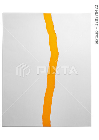 Gap of a ripped white paper revealing orange paper on a white background. Copy space 128578422