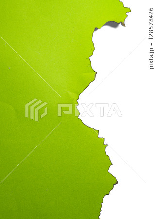 Green paper ripped message torn with burnt edges isolated on a white background. Copy space Green paper ripped message torn with burnt edges isolated on a white background. Copy space 128578426