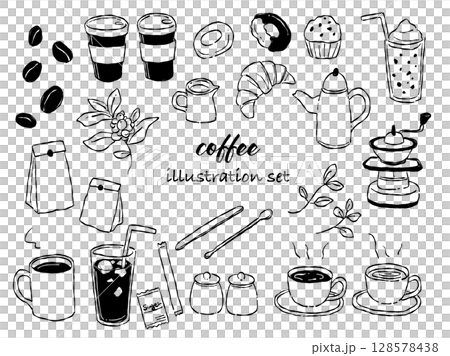 手描きテイストなコーヒーやカフェのイラストセット(モノクロ線画) 128578438