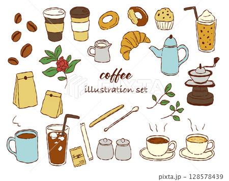 手描きテイストなコーヒーやカフェのイラストセット(カラー) 128578439
