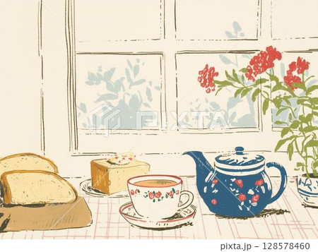 窓辺でゆっくりと過ごす紅茶の時間 128578460
