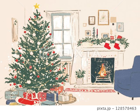 クリスマスツリーと暖炉のある暮らし 128578463