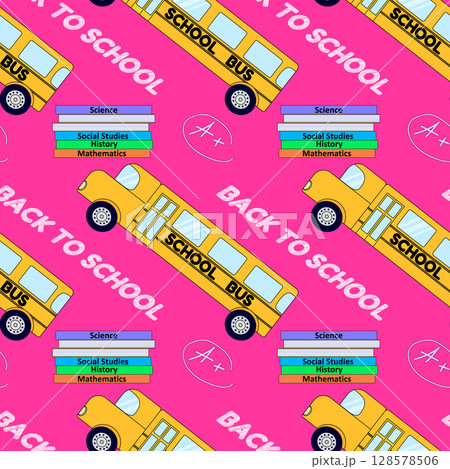 Seamless pattern with yellow school buses, stacked textbooks and chalk A plus on pink background. For back to school theme, school or office supplies, stationery design, textile print, wrapping paper. 128578506