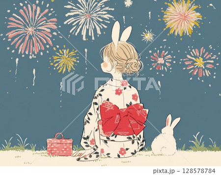 浴衣の少女とウサギが見上げる夏の花火 128578784