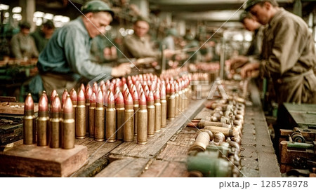 Factory workers assembling ammunition on production line during wartime Factory workers assembling ammunition on production line during wartime 128578978