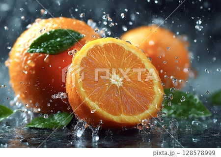 Fresh oranges with leaves splashing in water on dark background 128578999