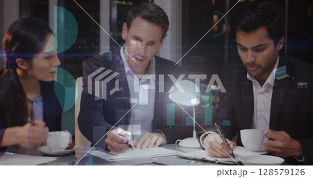 Image of financial data processing over diverse business people 128579126