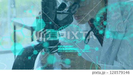 Image of formulas and data processing over caucasian female lab worker using microscope Image of formulas and data processing over caucasian female lab worker using microscope 128579146