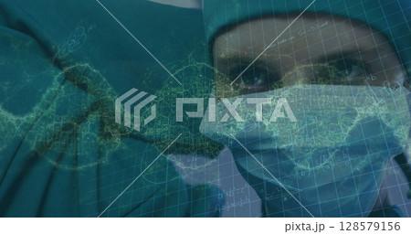 Image of waves and math formulas over caucasian female surgeon in face mask Image of waves and math formulas over caucasian female surgeon in face mask 128579156