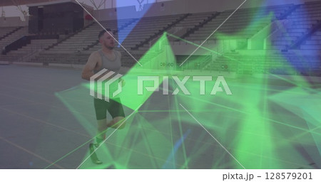 Image of geometrical shapes over caucasian male with running blade training at stadium Image of geometrical shapes over caucasian male with running blade training at stadium 128579201
