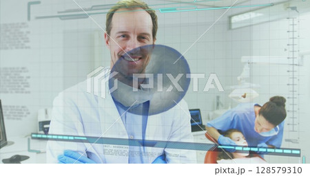 Image of caucasian male dentist smiling over data processing 128579310