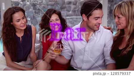 Image of bar text over happy diverse friends with drinks Image of bar text over happy diverse friends with drinks 128579337