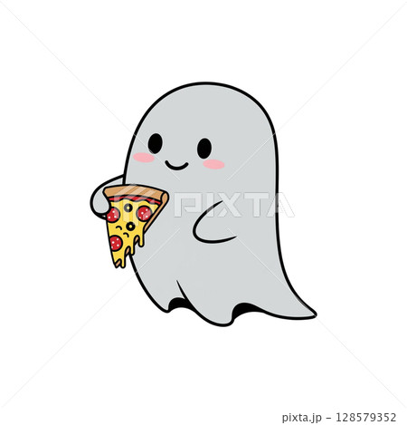Cute Cartoon Ghost Holding a Slice of Pizza 128579352