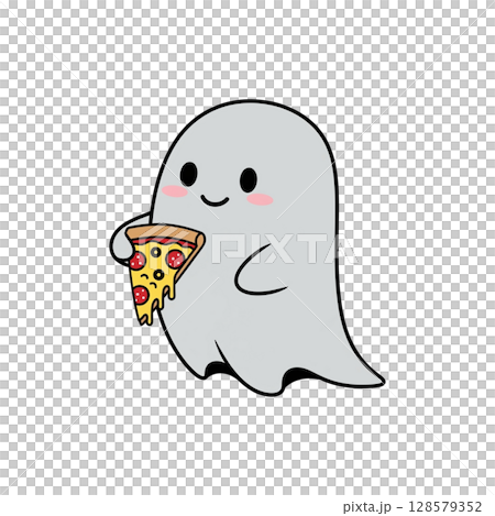 Cute Cartoon Ghost Holding a Slice of Pizza 128579352