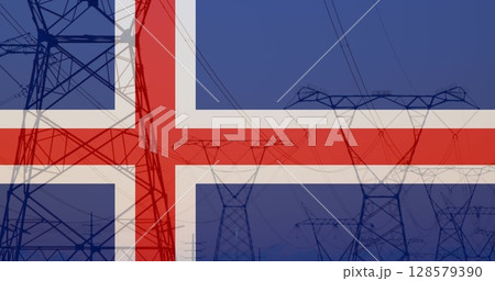 Image of flag of iceland over pylons Image of flag of iceland over pylons 128579390