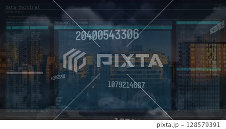 Image of caucasian male hacker and data processing over cityscape 128579391